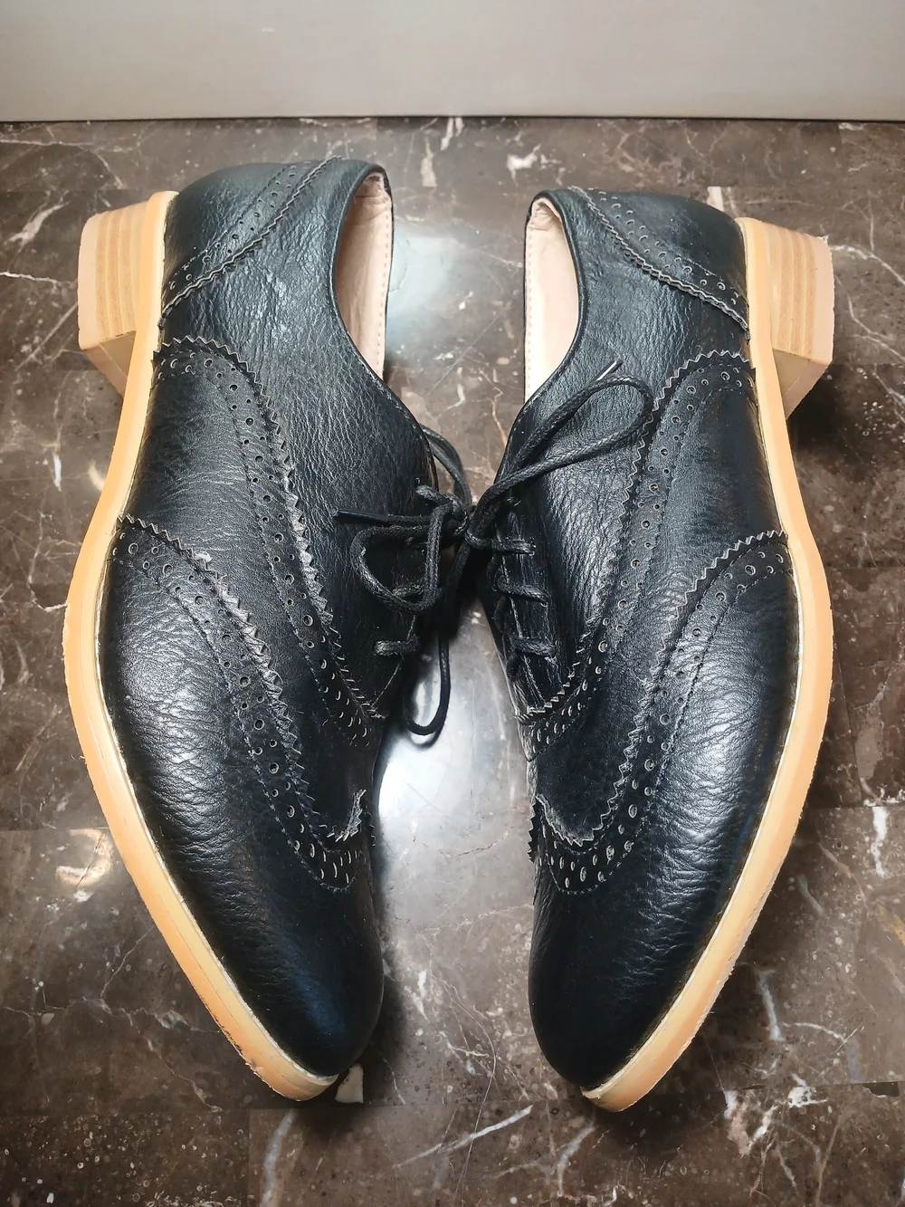 Black Leather Wingtip Lace-Up Oxfords